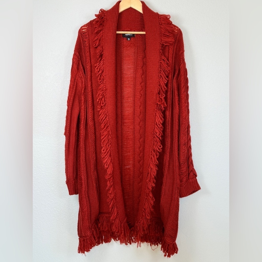 4SI3NNA Red/Orange Fringed Chunky Cable Knit Cardigan Sweater Medium